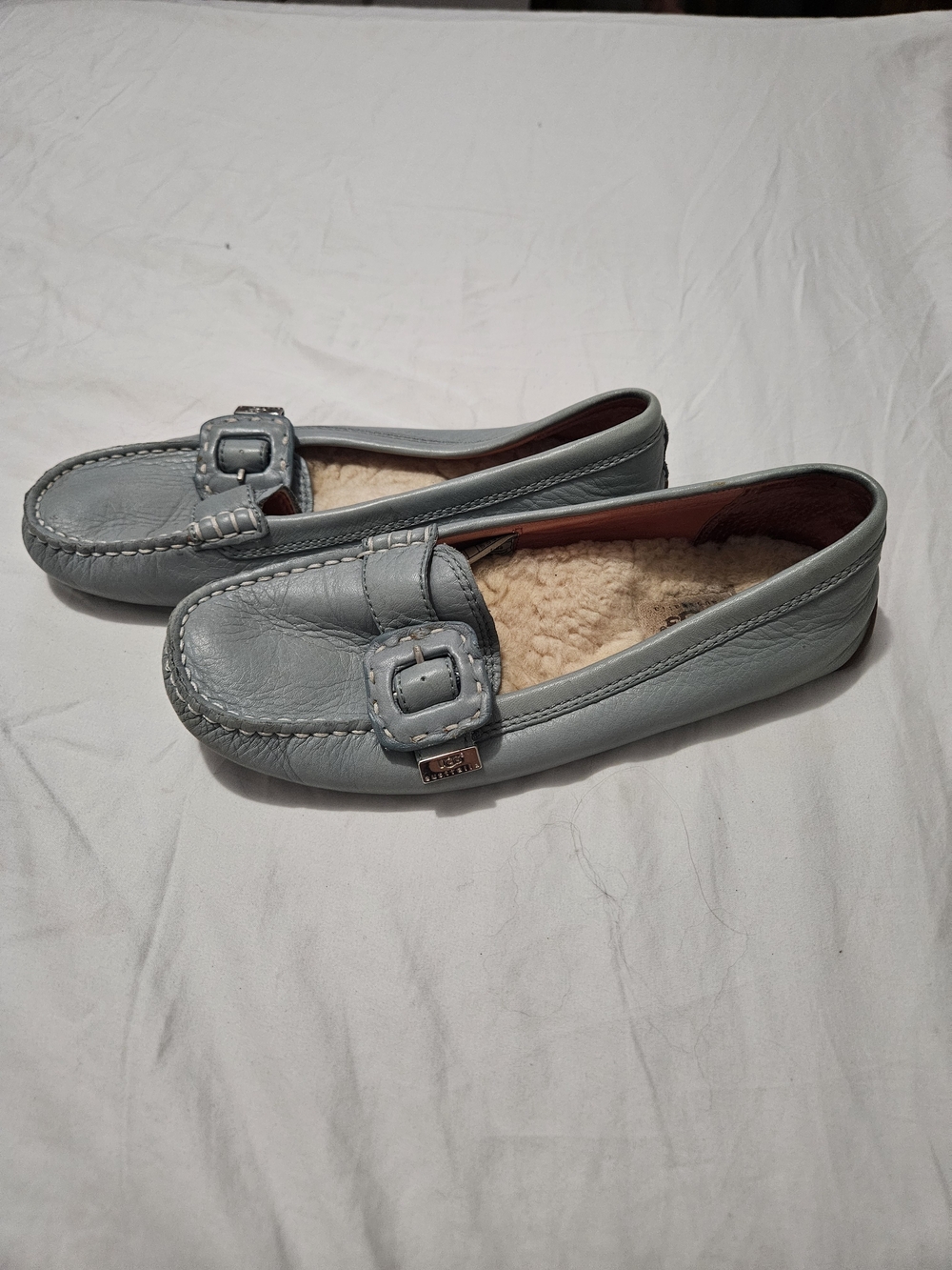 Light Blue Leather Women's Moccasin Loafers with Shearling Lining
